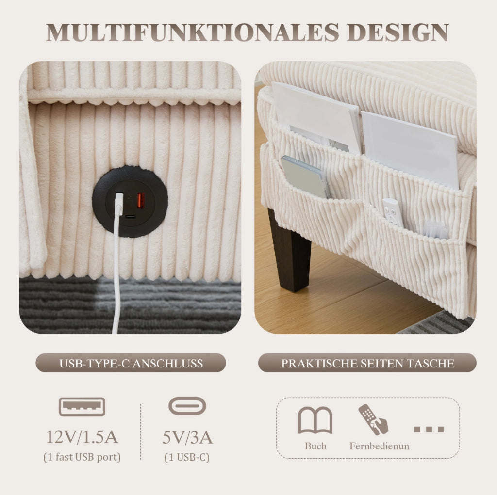 Divano a U 4 posti con doppia chaise longue; in tessuto effetto corda beige; 250x130x88 cm