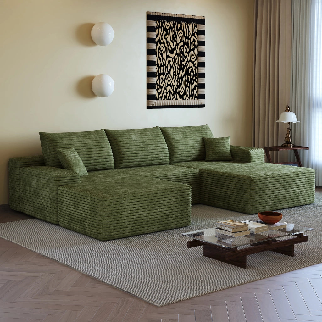 Divano angolare modulare con chaise longue a L e seduta profonda, senza attrezzi, in tessuto a coste verde