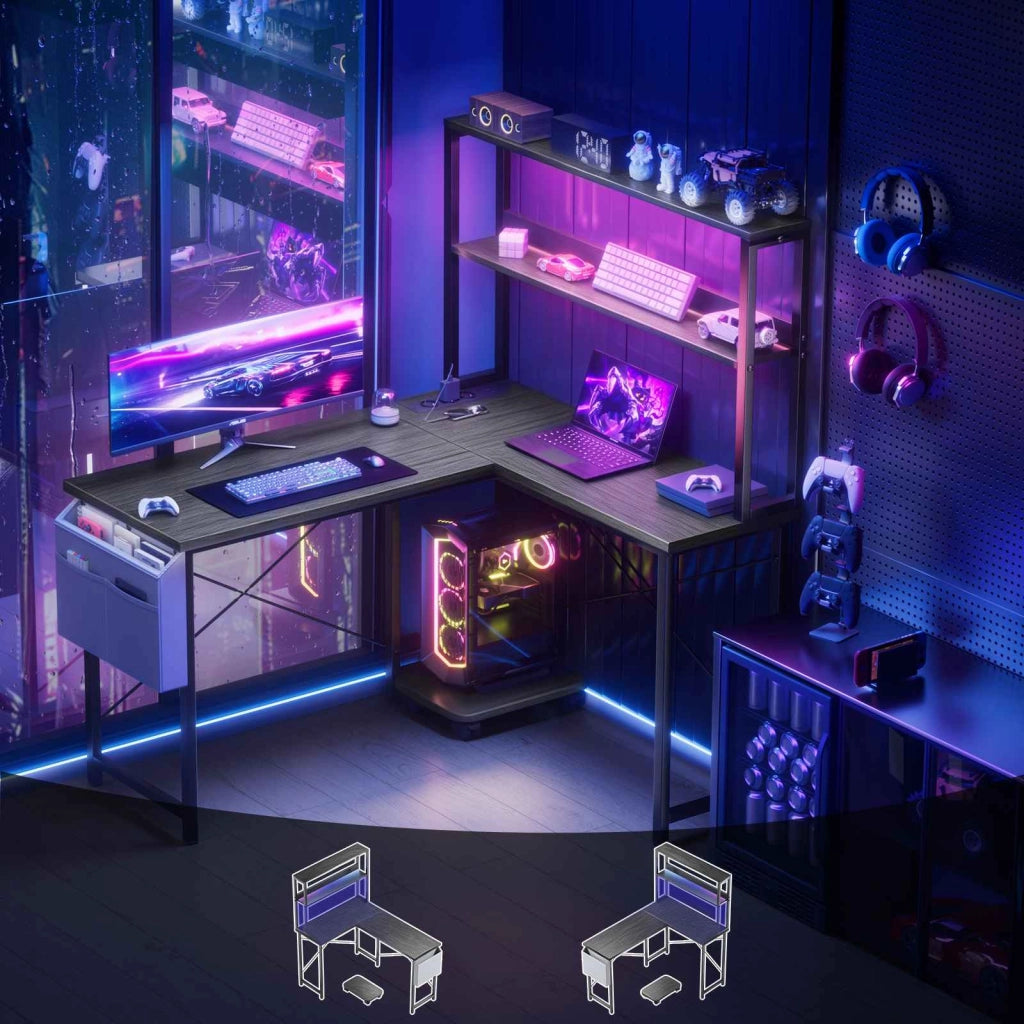 Scrivania per PC a L, scrivania da gaming, prese integrate, doppio ripiano portaoggetti, RGB, design reversibile, grigio