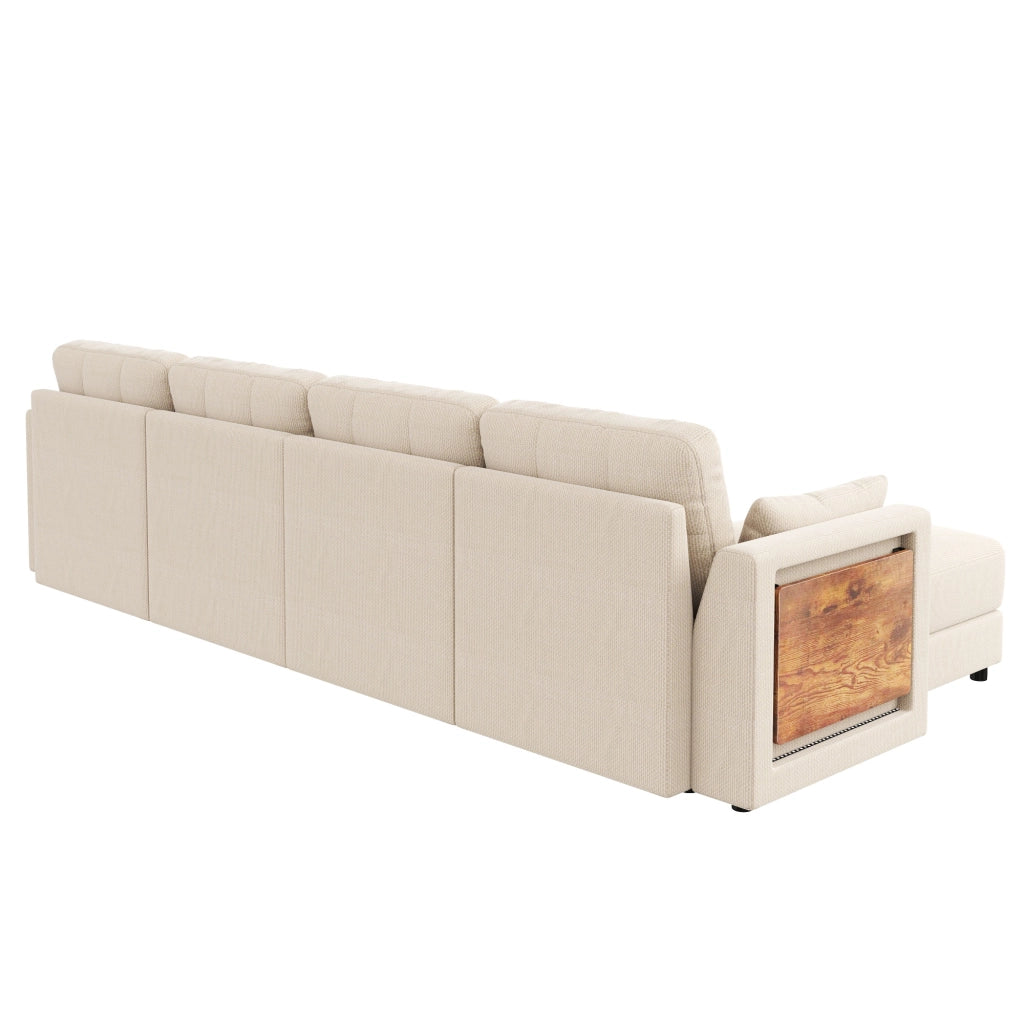 Divano angolare modulare a U e L con luci LED tavolino ribaltabile e tessuto chenille beige 292 × 135 × 82 cm