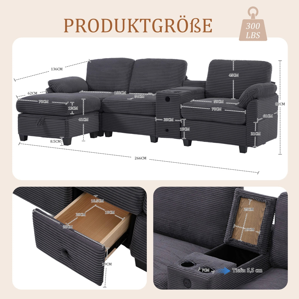 Divano con memory foam console scorrevole USB-C tasche laterali e pouf contenitore in velluto a coste grigio scuro