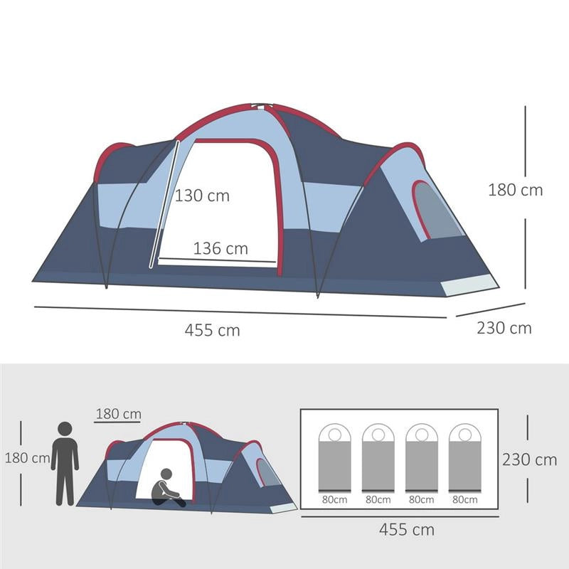 TENDA DA CAMPEGGIO PER 6 PERSONE IDROREPELLENTE CON  PALI IN FIBRA DI VETRO, 4.55X2.3X1.8M, GRIGIA