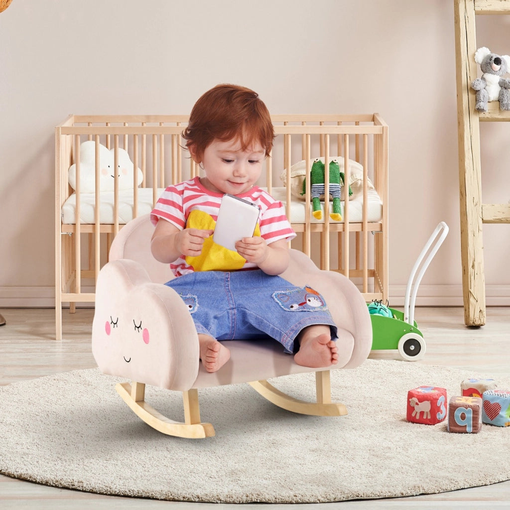 Sedia a dondolo per bambini con gambe in legno massello e piedini antiscivolo, Poltrona imbottita a dondolo Roseo-Divani per bimbi