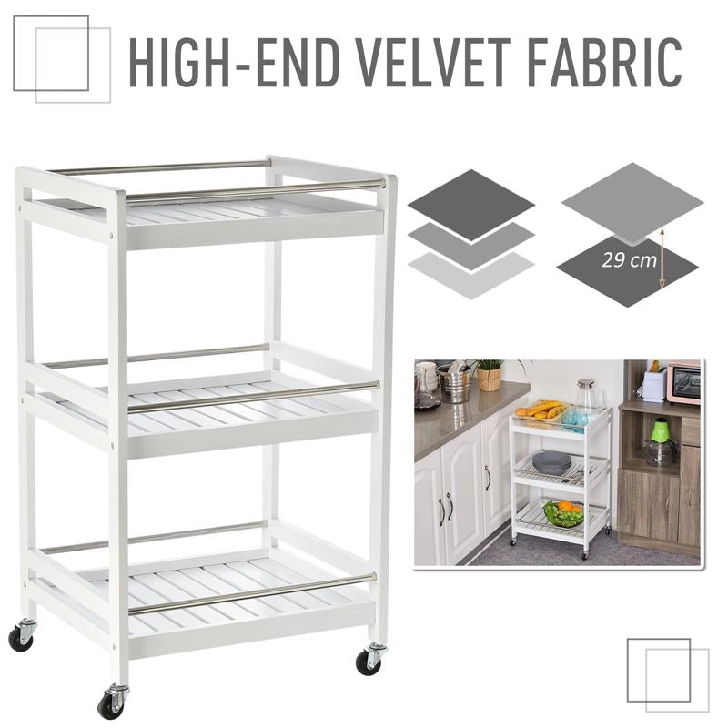 CARRELLO DA CUCINA  CON RUOTE IN LEGNO BIANCO CON 3 RIPIANI 4 RUOTE 360°