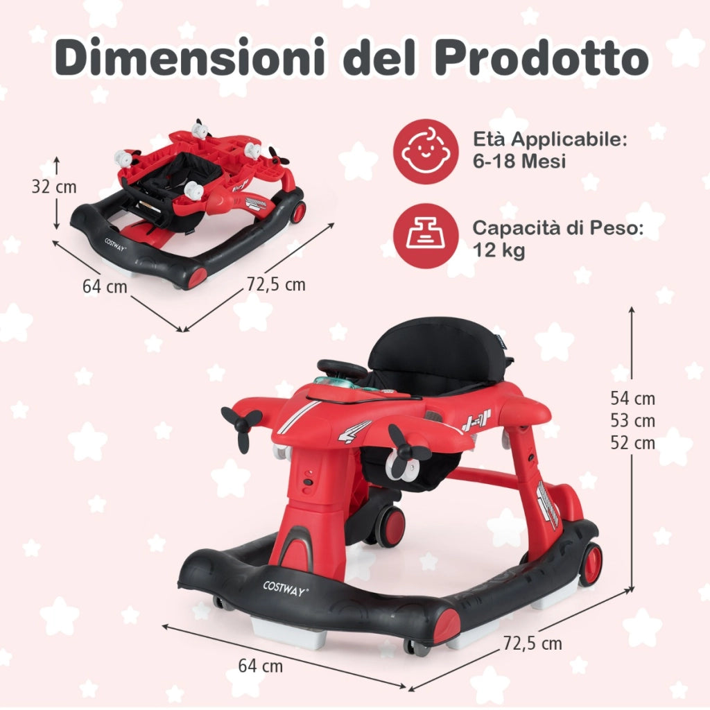 Camminatore pieghevole a tema aeroplano con altezza regolabile a 3 livelli, Camminatore per bambini 6 in 1 con ruote Rosso-Passeggini per bimbi