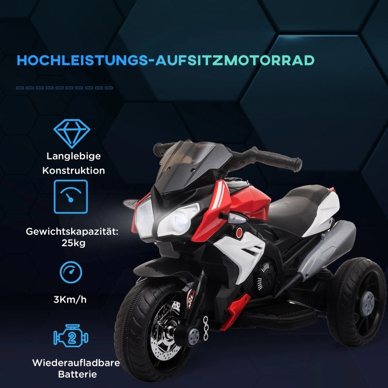 Motocicletta elettrica per bambini, con luci e suoni, 3 km/h, ricaricabile, in plastica e metallo, nera/rossa