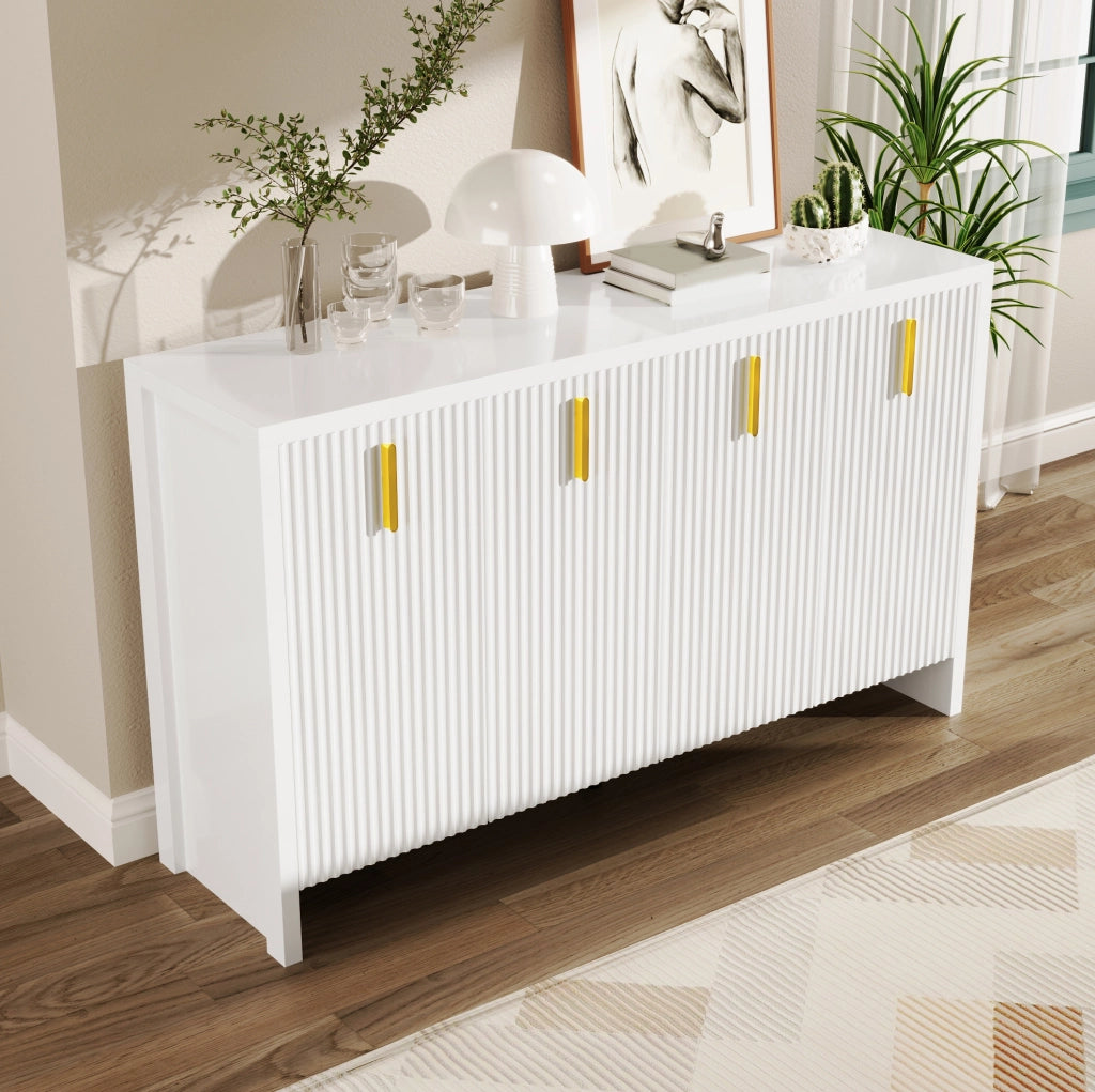 Credenza 140x38x80 cm con ripiani regolabili e 4 ante in pannello truciolare bianco