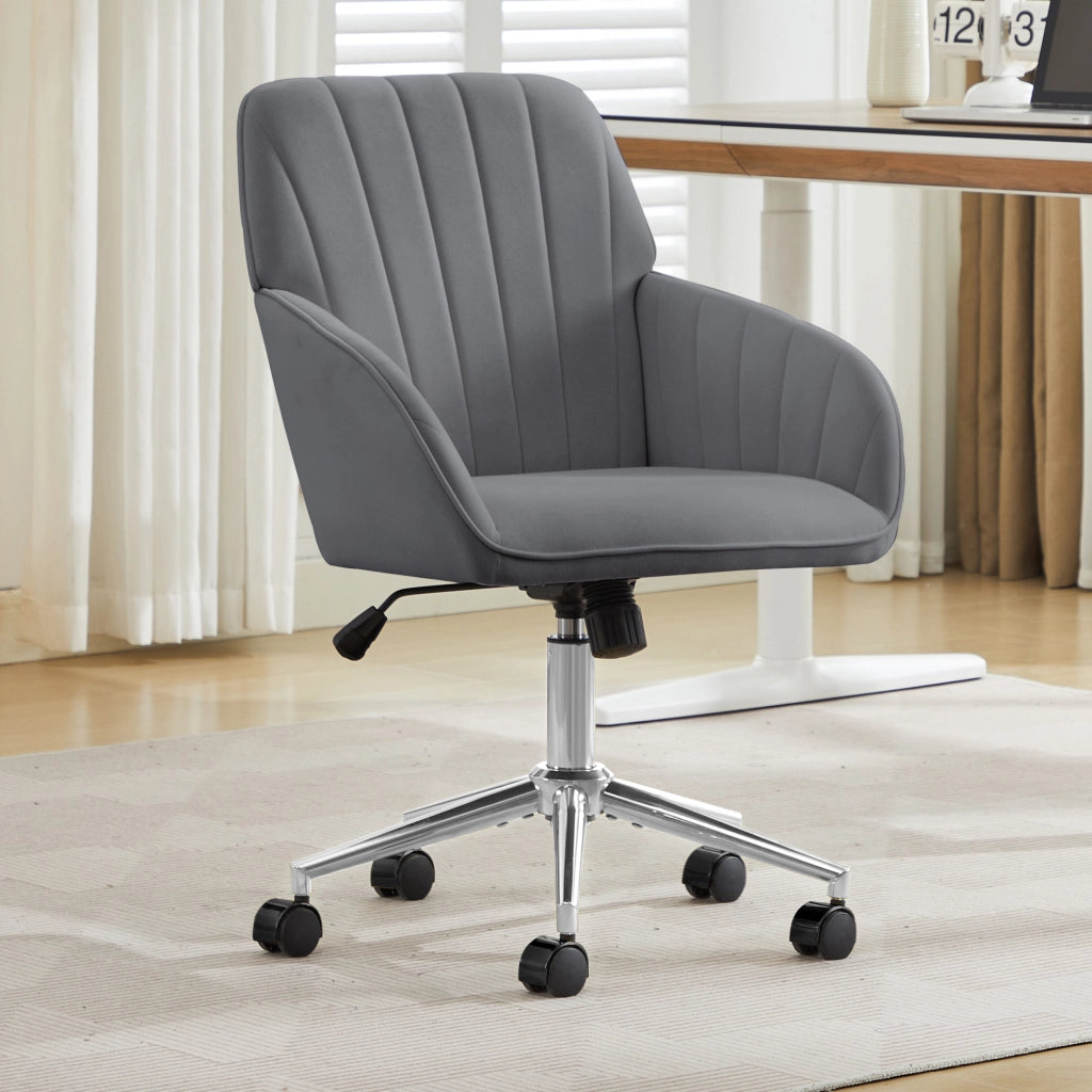Sedia da ufficio girevole in velluto con altezza regolabile, schienale ergonomico e ruote, per casa e camera da letto, grigio