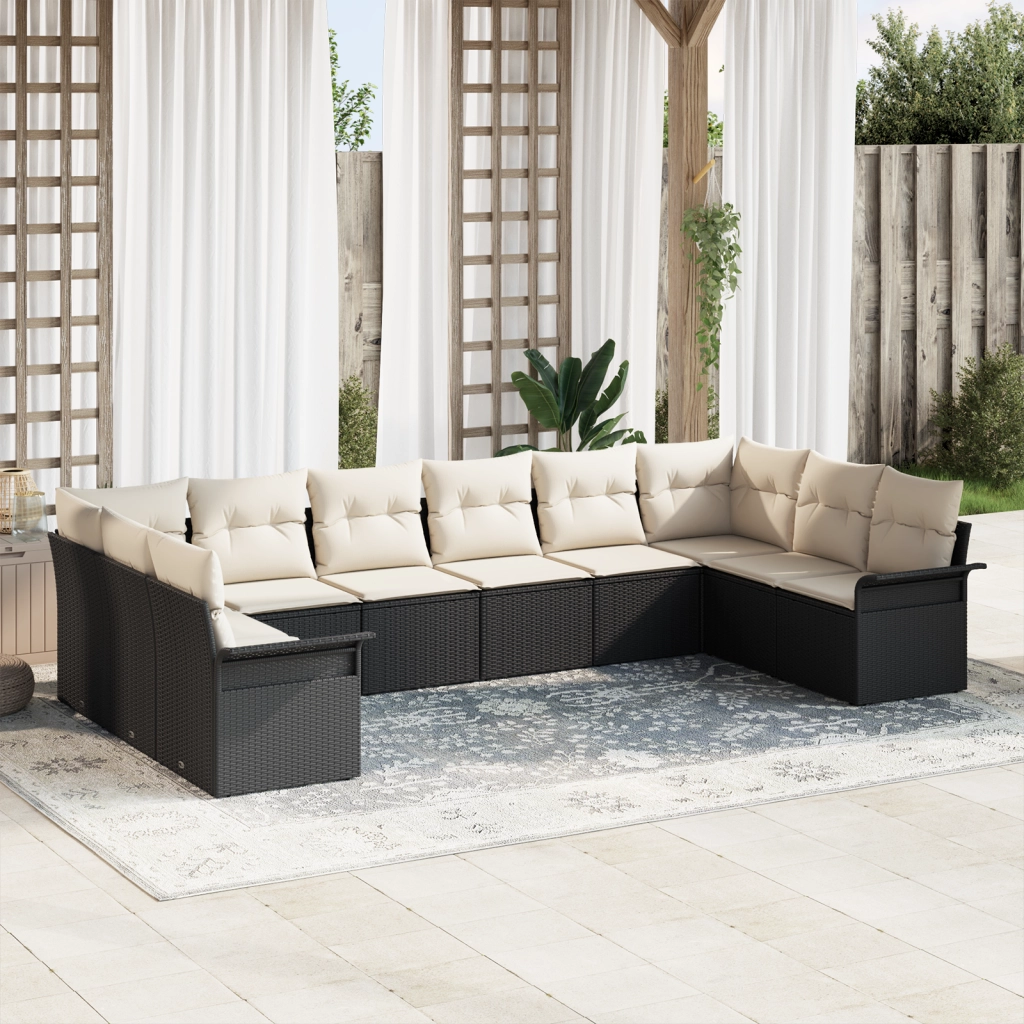 Set Divano da Giardino  da 10 Pezzi con Cuscini in Polyrattan Nero
