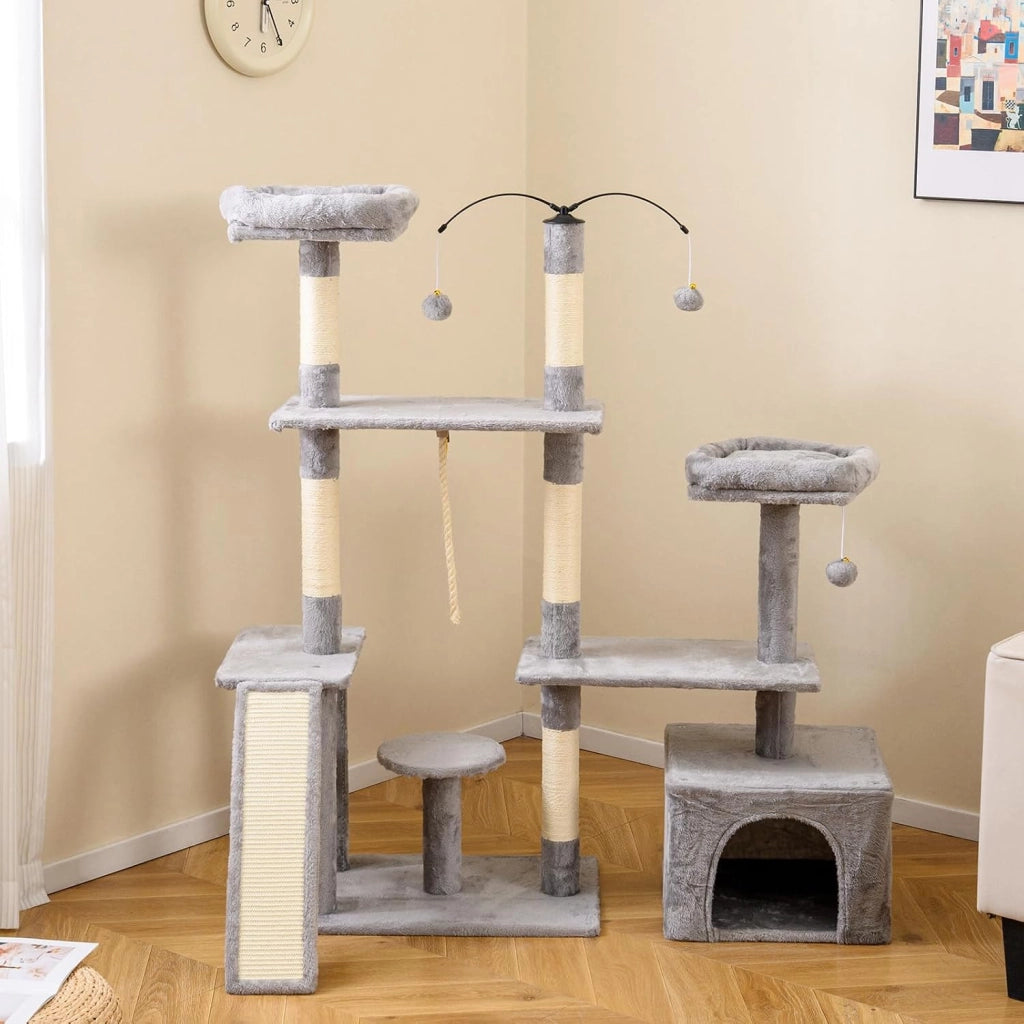 Albero tiragraffi, 136 cm, con tavola tiragraffi, grotta, 2 piattaforme, 3 palline di peluche, 5 colonne tiragraffi, albero tiragraffi per gatti, albero da arrampicata stabile (grigio chiaro)