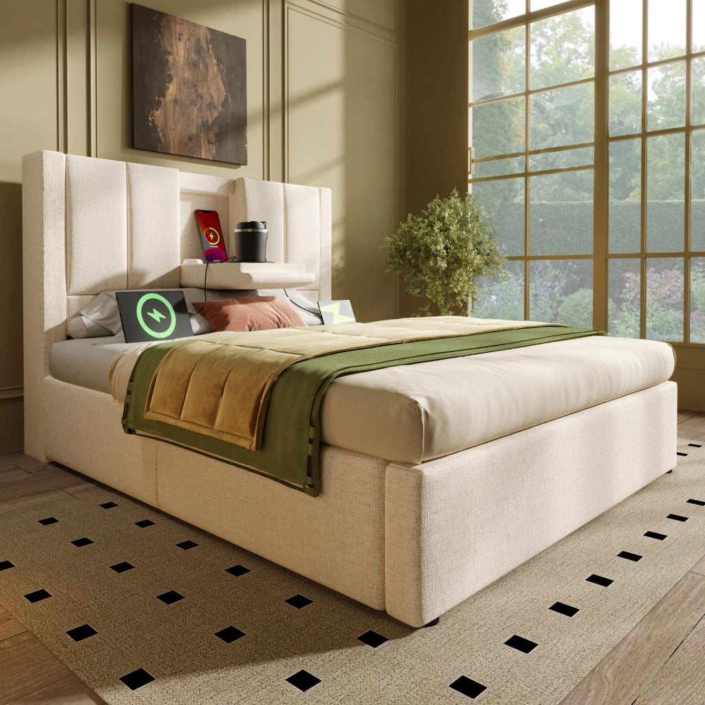 Letto imbottito 90x200 cm in lino beige con contenitore; portabicchiere a scomparsa e stazione di ricarica