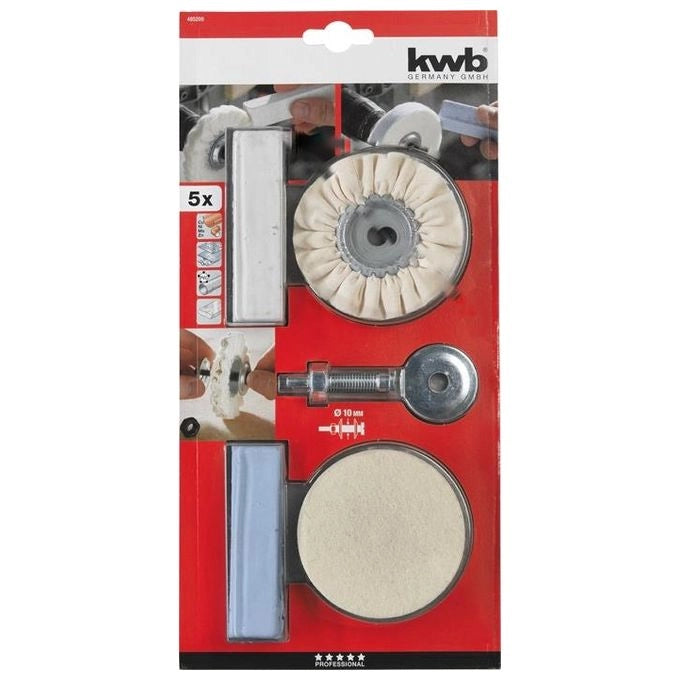 KWB 485200 Set Lucidatura 5 Pezzi Dischi Feltro Panno e Paste Lucidanti per Trapano colore Blu Bianco
