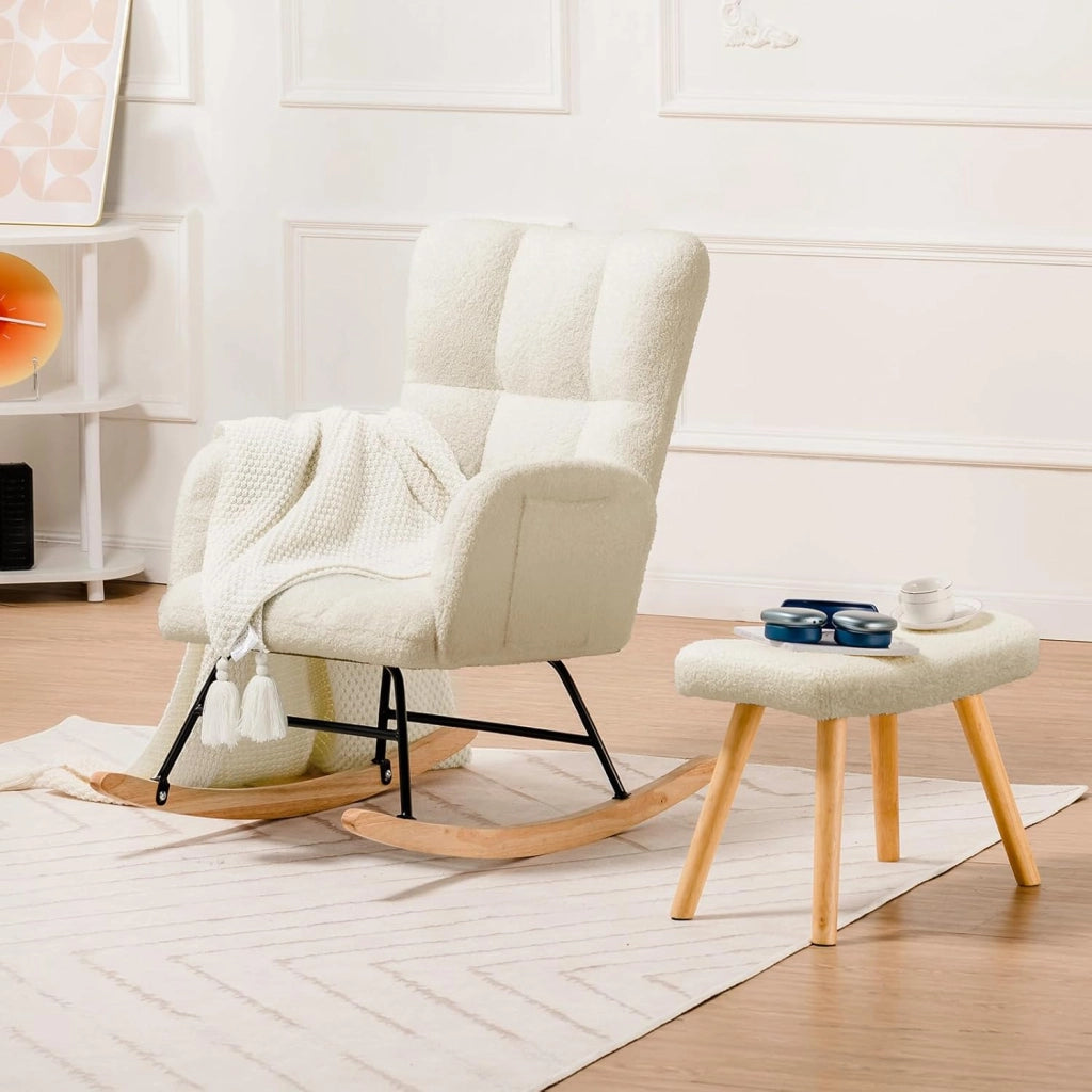 Sedia a dondolo con sgabello, poltrona relax con braccioli, poltrona a dondolo in peluche Teddy, portata fino a 150 kg, lettino da giardino per camera da letto, Con pedale, beige