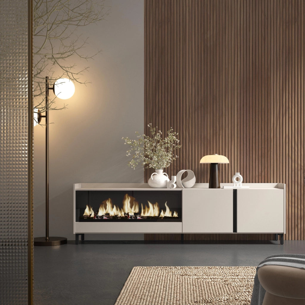 Mobile TV Soggiorno, 212x61x35 cm, Per TV fino a 80", Camino elettrico XXL, Design industriale, Beige