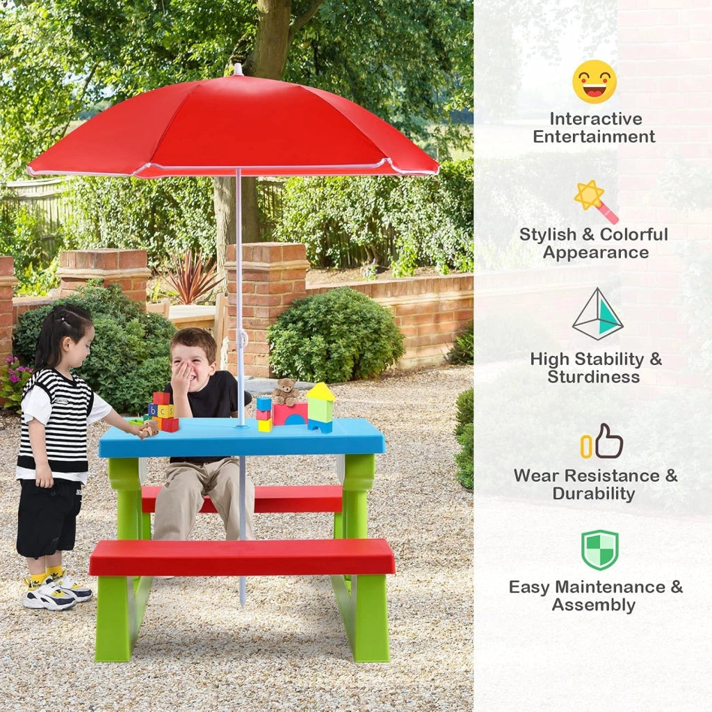 Tavolo da Picnic, Set di Tavolo e Sedie per Bambini con Parasole Pieghevole per Giardino/Terezzo/Parco, Bambini più di 3 Anni (Verde + Rosso + Blu)