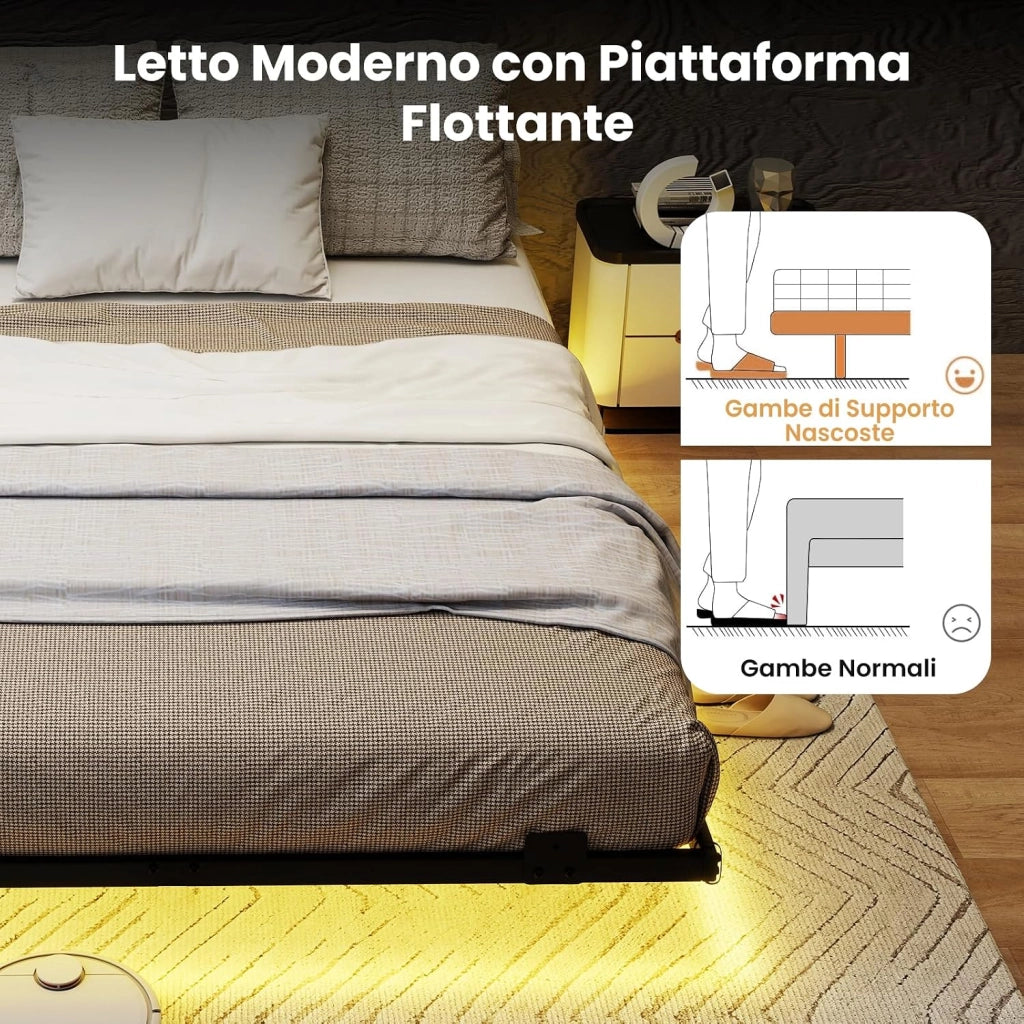 Telaio Letto Galleggiante, Letto Matrimoniale 140 x 200 cm in Metallo con Luci LED Fissaggio per Materasso, Doghe Resistenti a Carico Pesante, Carico 400 kg