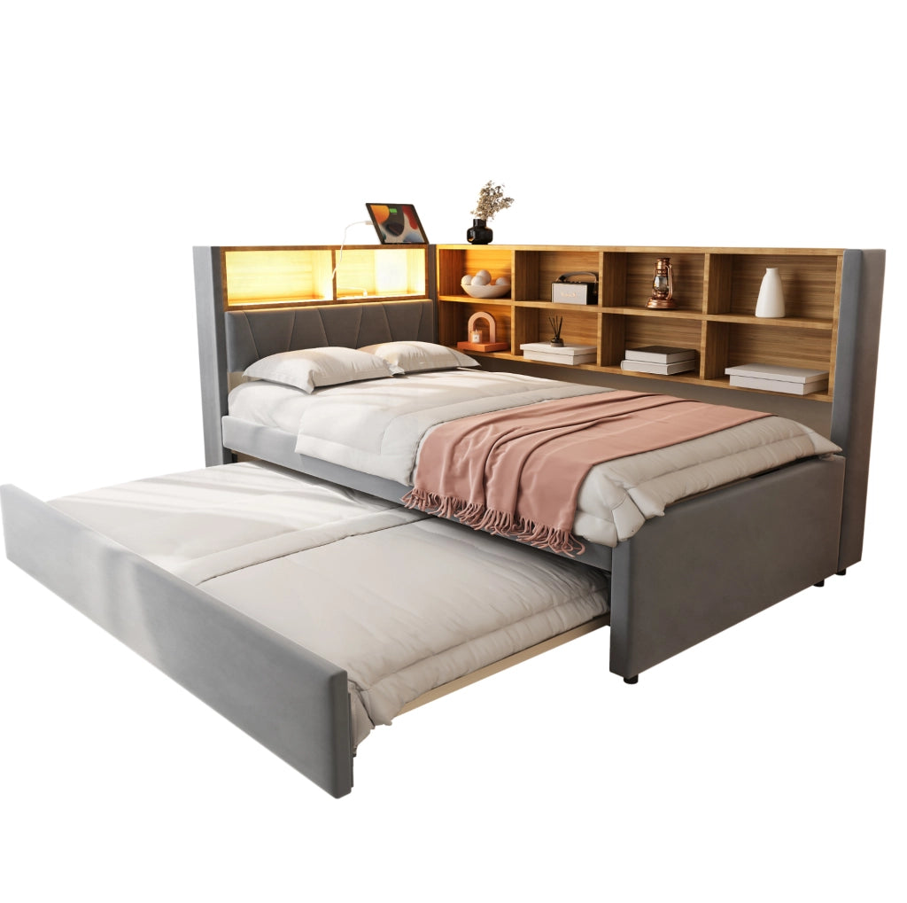 Divano letto estraibile 90x200 cm con LED, prese USB-C e vani, grigio scuro
