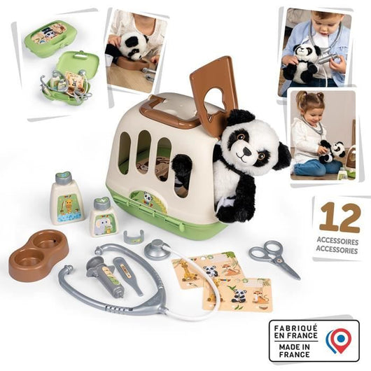 Smoby - Valigia veterinaria - 1 peluche panda e tanti accessori - Prodotto 2 in 1: Gabbia da trasporto - Produzione francese