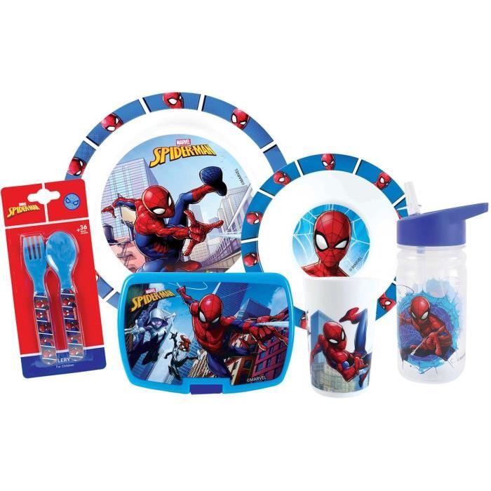 Set di stoviglie - FUN HOUSE - SPIDERMAN - Bicchiere, piatto 22 cm e 16 cm, posate, borraccia e snack box