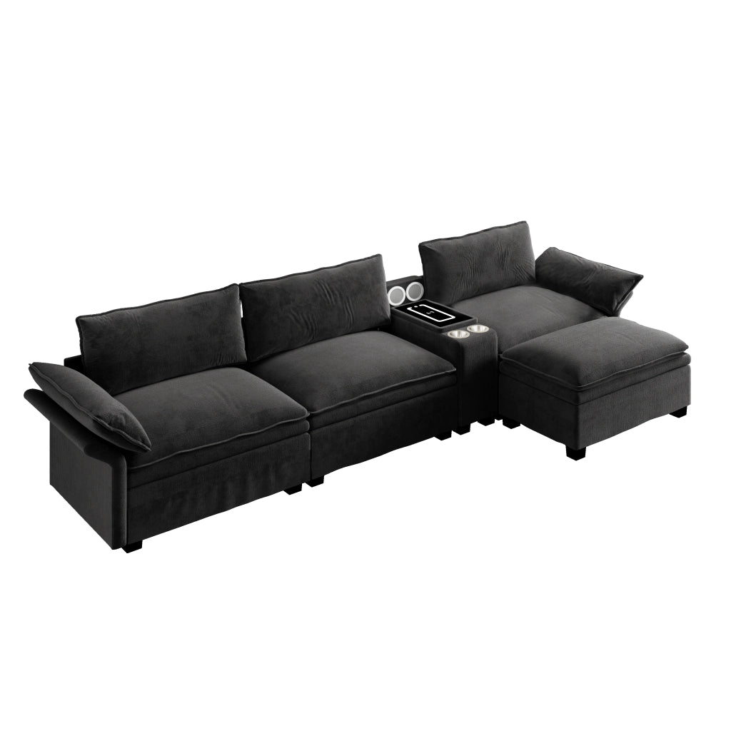 Divano modulare a L 315 cm a 4 posti con pouf; ricarica wireless; altoparlanti e luci; ciniglia; nero