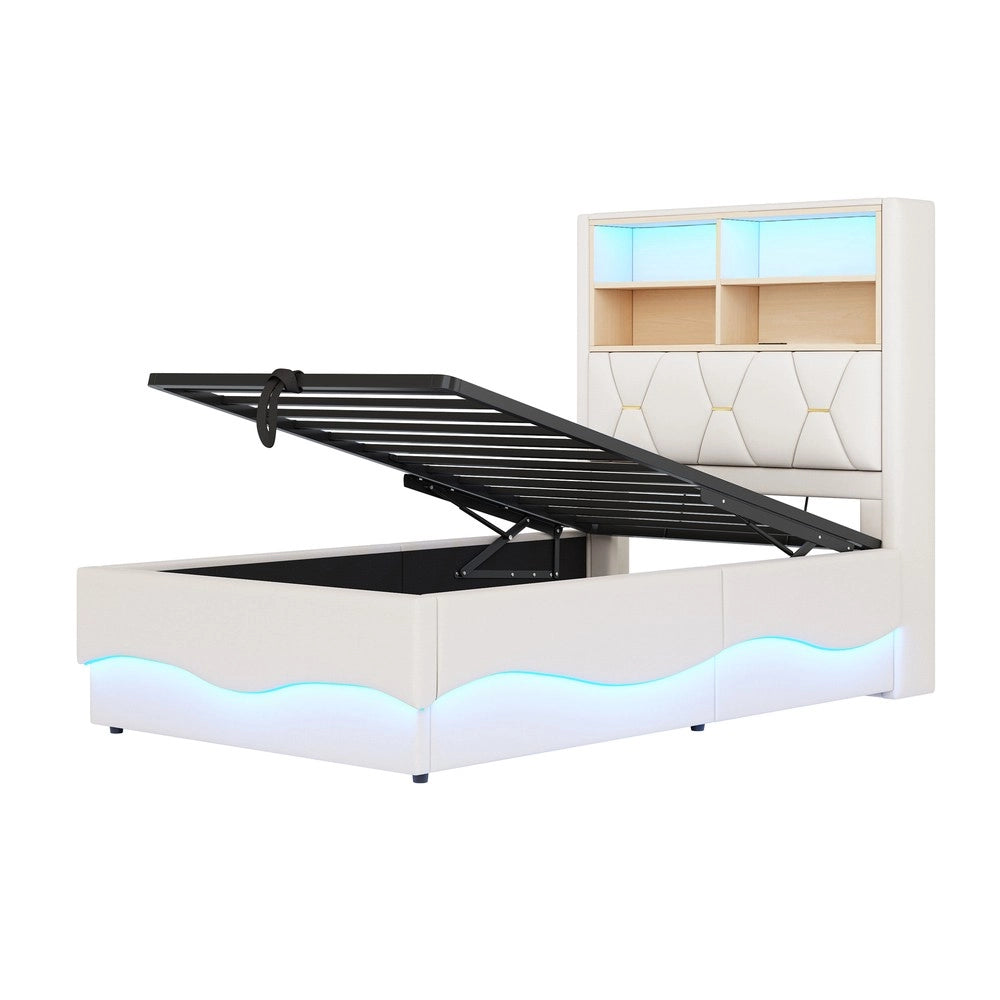 Letto Singolo con Contenitore Idraulico e LED ¨C MINIMAL ¨C 90x200, Lino Beige, Metallo