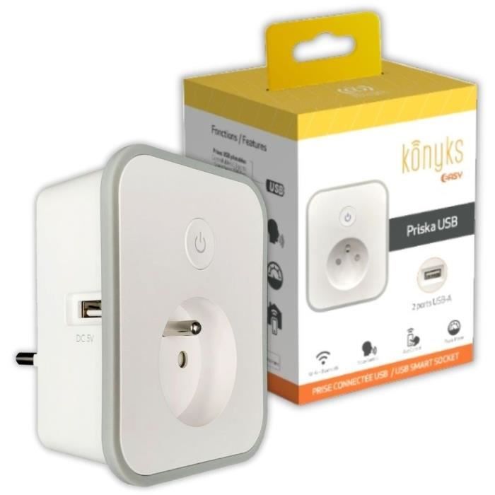 Presa connessa - KONYKS - Priska - USB FR - Wifi + Bt - 16 A con 2 prese USB-A - Misuratore di consumo - Compatibile Alexa / Google Home