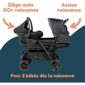 Passeggino gemellare doppio - BAMBISOL - Passeggino doppio combinato + Seggiolino auto I-size - 4 ruote - Nero