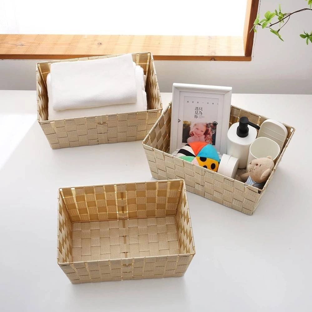 Trade Shop - Porta Oggetti Organizer Bagno Camera Cucina In Tessuto Beige 28x22x10.5cm 79021 -