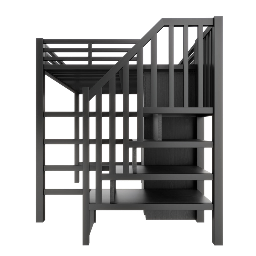 Letto a soppalco 140 × 200 cm con scrivania, scaffale, guardaroba e scala contenitore, senza materasso, nero