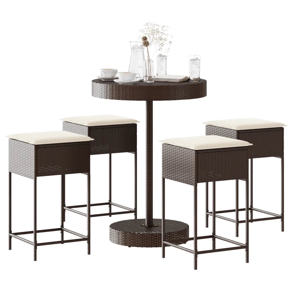 Set Bar da Giardino 5 pz | Set Salotto da Giardino con Cuscini in Polyrattan Marrone