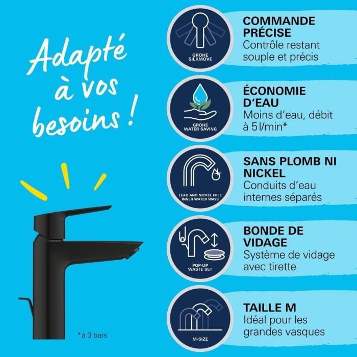 Miscelatore monocomando lavabo - GROHE Start - 234552432 - Nero opaco - Taglia M - Bocca media - Risparmio idrico - Estraibile e piletta