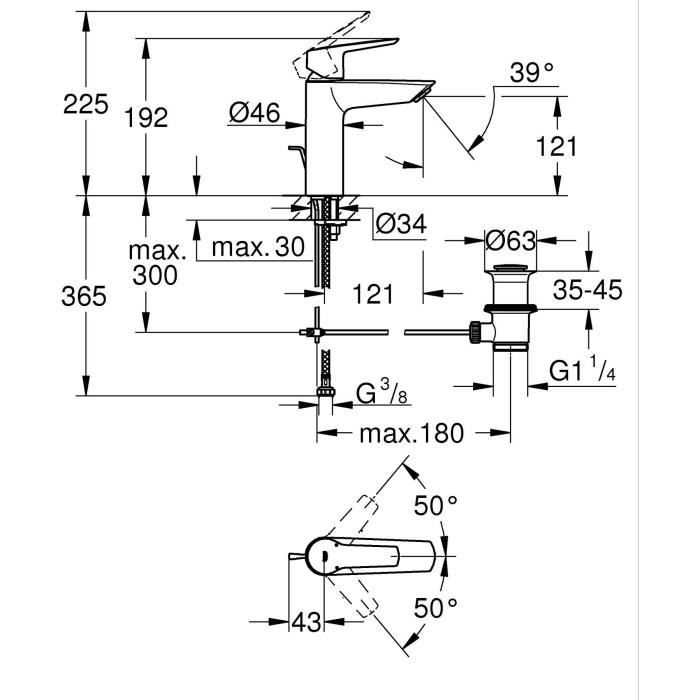 Miscelatore monocomando lavabo - GROHE Start - 234552432 - Nero opaco - Taglia M - Bocca media - Risparmio idrico - Estraibile e piletta