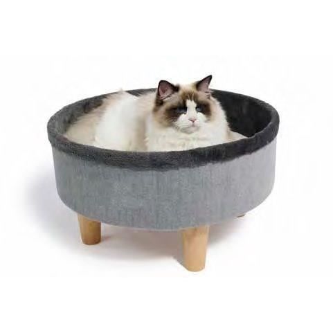Letto rotondo rialzato - M PETS - ROUND - Grigio - 47 x 47 x 26 cm - Gamba in legno - Cuscino morbido