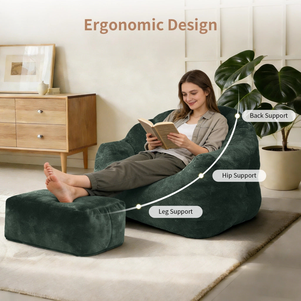 Fauteuil con pouf in ciniglia con schienale a petali e imbottitura ad alta resilienza verde scuro per relax