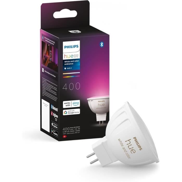 Lampadina connessa - PHILIPS HUE - MR16 - Luce bianca e colorata - Compatibile con Bluetooth - Funziona con app e voce