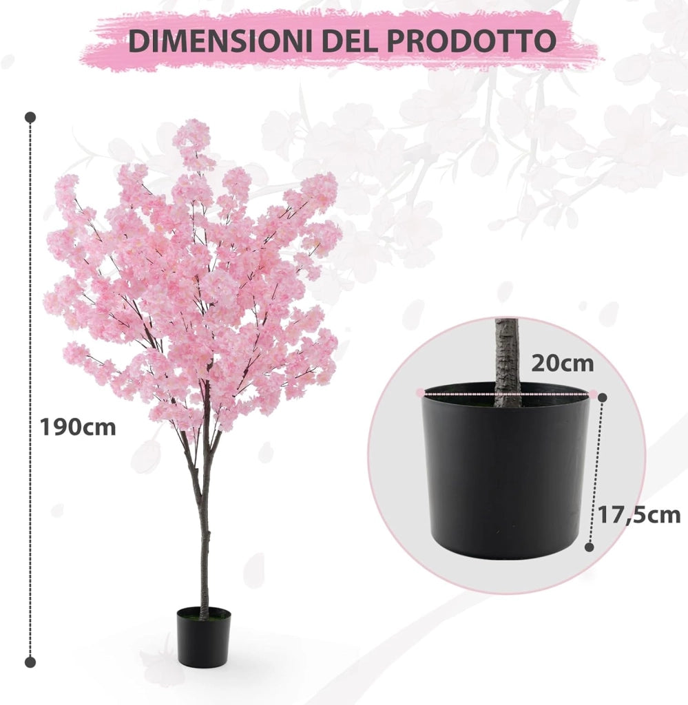 Albero di Finti Fiori di Ciliegio, Albero Artificiale con 900 Fiori Rosa, Tronco in PE Robusto, Base Riempita di Cemento, Pianta Floreale Finta in Vaso per Ufficio e Casa