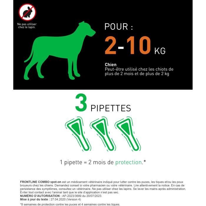 FRONTLINE 3 COMBO Pipette antiparassitarie per cani - da 2 a 10 kg - Pulci, zecche, pidocchi masticatori
