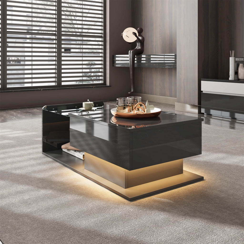 OKWISH Tavolino da Caffè Alzabile con Vetro Temperato, Vano Contenitore e LED, per Soggiorno, 100 x 50 x 33/47.5 cm, Nero