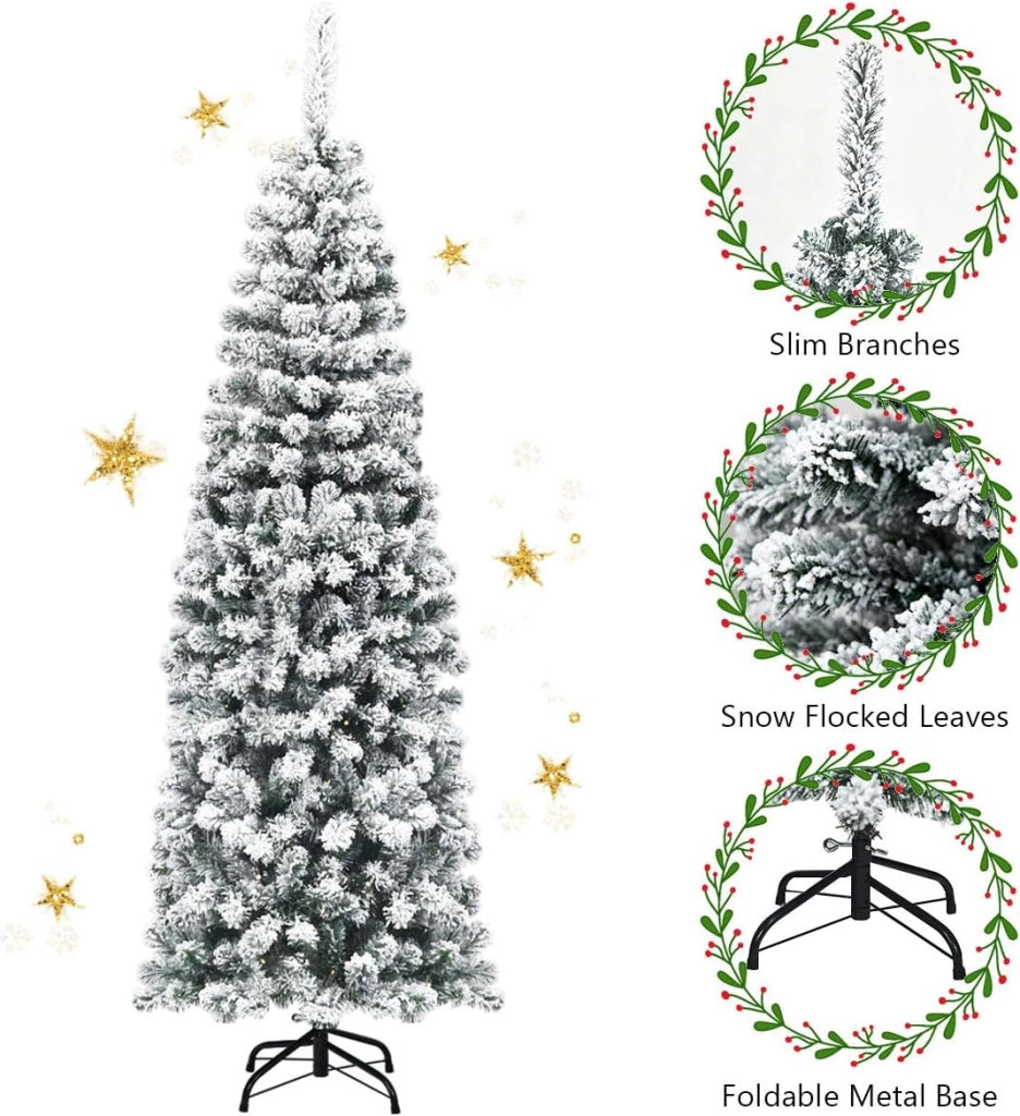 Albero di Natale Innevato 135/180/225 cm, Albero di Natale Stretto e Alto, Albero di Natale Bianco, Albero di Natale per Feste, Case, Uffici, Negozi, Bar, Scuole, Facile Montaggio (180 cm)