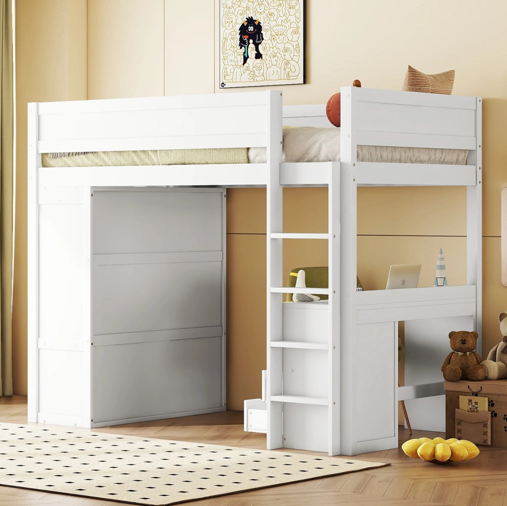 Letto a soppalco 90x200 cm bianco con scrivania, armadio e cassetti