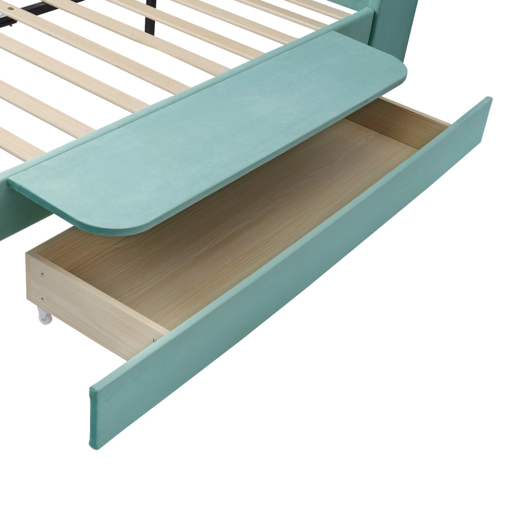 Letto imbottito 140x200 cm con sponda pieghevole e cassetto contenitore in velluto blu-verde