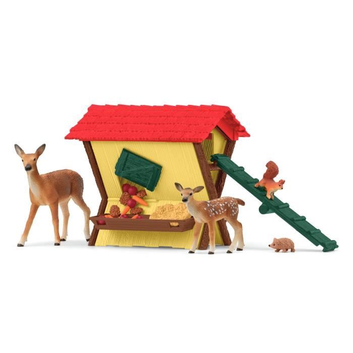 Capanna degli animali della foresta, cassapanca Schleich con capanna, 1 cerva, 1 cerbiatto, 1 scoiattolo, 1 riccio, per bambini dai 3 anni - schle