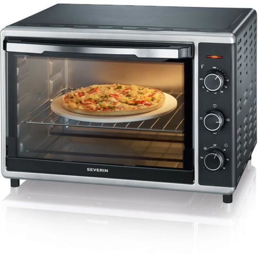 Calore del forno mini Severin to2058 Ruota 42 L, pietra per pizza e curve, forno posabile 1.800 W, timer 120 min, acciaio nero/inossidabile