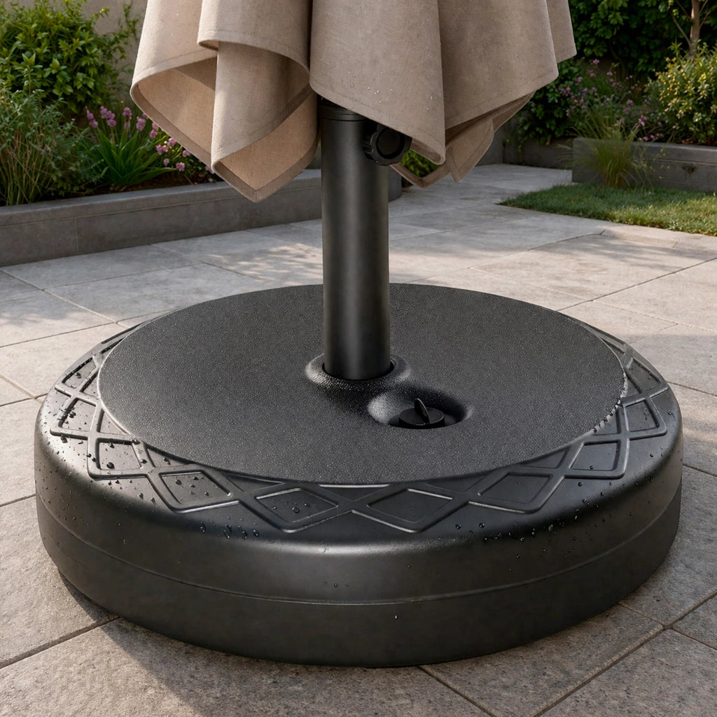 Base Ombrellone Riempibile Acqua o Sabbia 30kg In HDPE E Metallo Nero Supporto Universale per Palo 38/48 mm da Giardino Balcone Terrazza Resistente alle Intemperie Ø50 x 7.5 cm Nero