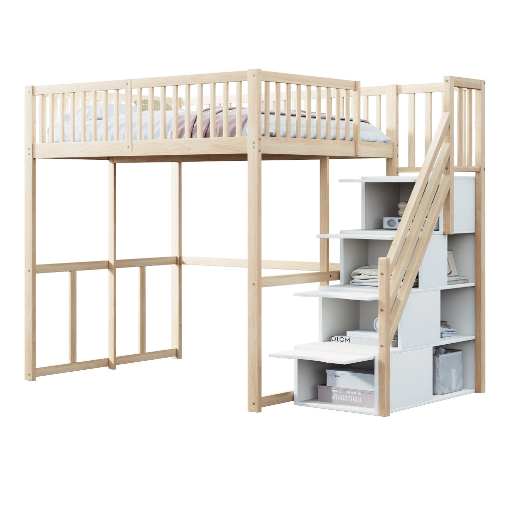 Hochbett 140x200 cm con scala contenitore e 15 doghe in legno di pino