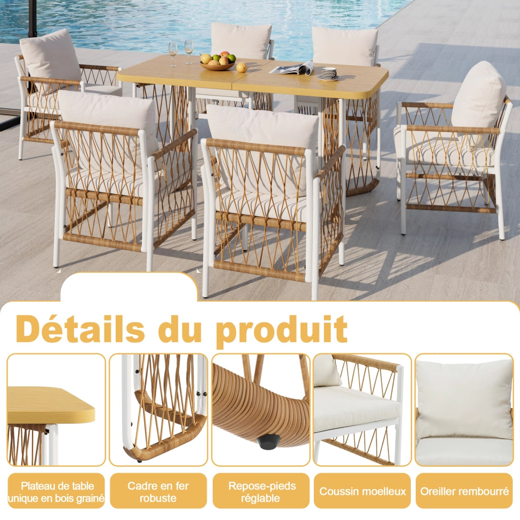 Set da giardino in rattan con tavolo lungo e 6 sedie con cuscini