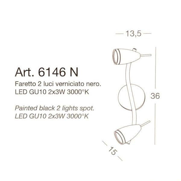 APPLIQUE PARETE/PLAFONIERA SOFFITTO ORIENTABILE NERA 2 LUCI PERENZ