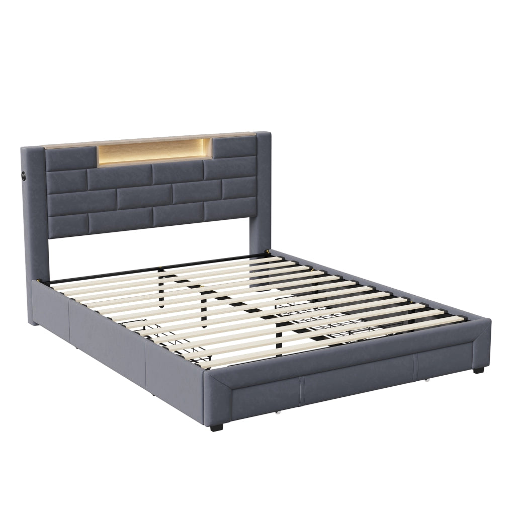 Letto matrimoniale 140x200 cm velluto grigio, testiera con vano portaoggetti, porte USB, luci RGB‑LED controllabili da app e telecomando, 3 cassetti contenitore