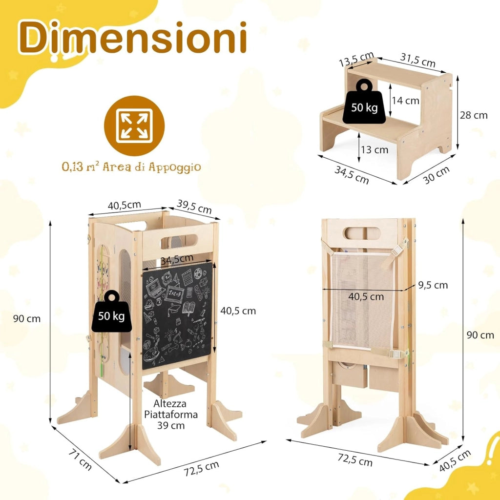 Torre Montessoriana Pieghevole per Bambini, Sgabello da Cucina in Legno con 2 Scalini e Rete Sicurezza, Torre di Apprendimento Montessoriana con Lavagna e Giochi Sensoriali per Bambini 3+ Anni