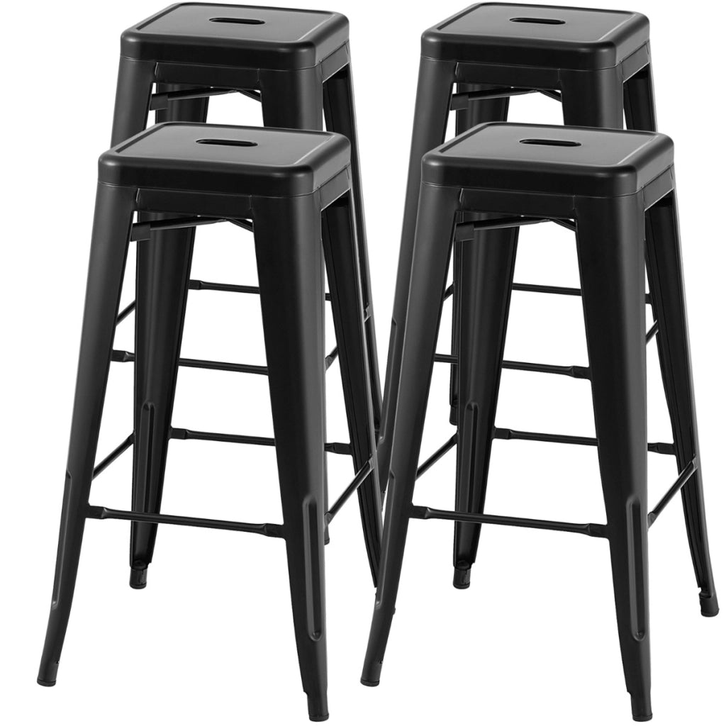 Set di 4 sgabelli da bar alti 76cm con poggiapiedi piedini in gomma, Sgabelli impilabili per cucina bar Nero-Sgabelli da bar